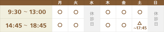 月～土…9:30～13:00／14:45～18:45　土曜は17:45まで