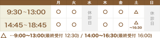 月～土…9:30～13:00／14:45～18:45　土曜は16:30まで